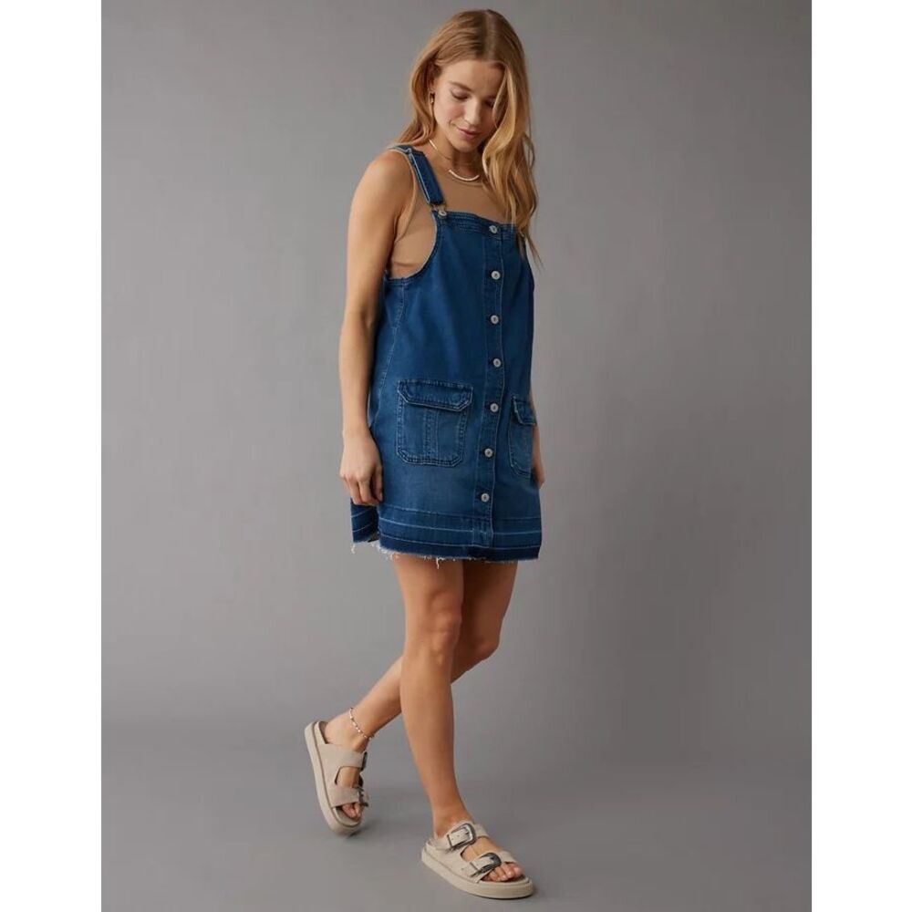 AMERICAN EAGLE Women’s Blue Sleeveless Denim Button Front Pinafore Dress XS - Picture 3 of 8